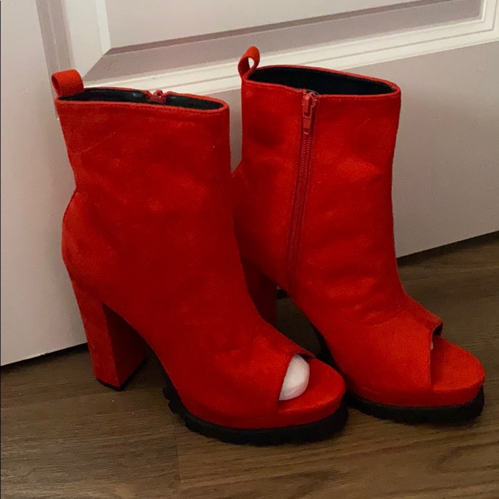 Red open toed heeled boots